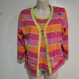 Berek Size‎ S Pink Orange Embellished 2pc Twin Set Sweater Lightweight Flamingo